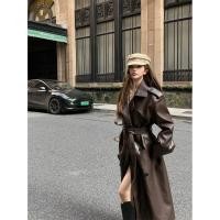 ราคา Zhien Meirard Wear Retro Brown Windbreaker Jacket High End เวอร์ชั่นเกาหลีสไตล์ Chanel หลวมเสื้อแจ็คเก็ตยาว Over the Knee แจ็คเก็ตหนังแฟชั่น (29004616830)