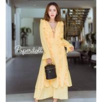 ราคา ส่งต่อ เดรสเหลืองผ้าชีฟอง แต่งระบายผูกเชือก เอวสม้อก ไซส์ M L งานป้าย D one ผ้าดี ทรง สี ตามภาพ (22635190727)