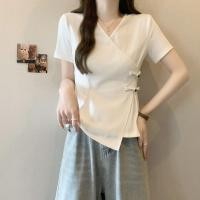 ราคา เสื้อยืดแขนสั้นกระดุมจีนไซส์ใหญ่สไตล์จีนผู้หญิงเสื้อคอวีเข้ารูปใส่แล้วดูผอมเพรียวแบบใหม่ฤดูร้อน2024ผู้หญิง (28656931156)