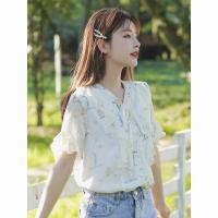 ราคา ฝรั่งเศสแขนสั้นชีฟองด้านบนผู้หญิงฤดูร้อนสไตล์ใหม่เสื้อชีฟองหวานสดคอวีน่าระทึกใจเสื้อดอกไม้ผู้หญิง (27201196232)