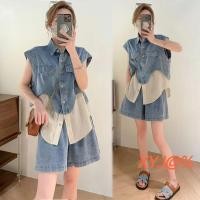 ราคา Xyj ใหม่ ชุดสูท เสื้อแขนกุด ผ้ายีน กางเกงขาสั้น ขนาดเล็ก สองชิ้น สําหรับผู้หญิง 2024 (25476032848)