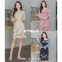 ราคา S XL 9323 งานป้าย Dress World ชุดเดรสสั้นแขนยาว ลายสก๊อต แต่งปักลายดอก น่ารัก (19490141296)