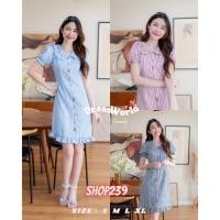 ราคา S XL 9368 งานป้าย Dress World เดรสสั้นคอปก ลายสก๊อต แต่งปักดอก ชายแต่งระบายจ้า (20992647910)