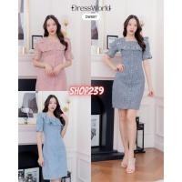 ราคา S 2XL 887 งานป้าย Dress World ชุดเดรสสั้น ลายสก๊อต แขนจั๊ม ปักลายดอก ช้าหมด อดน๊า (20337247493)