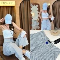 ราคา R Ready Pants ริ้วฟ้า กางเกงกระดุมหน้าลายริ้วสีฟ้าพื้นสีขาว (19389351596)