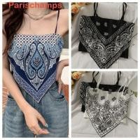 ราคา Parischamps Retro พิมพ์ผ้าพันคอ Crop Tops สามเหลี่ยมซาติน Tie สปาเก็ตตี้เสื้อกล้าม แฟชั่นกลับ Knot แขนกุด Basic เสื้อกั๊ก Bandanna Camisole สาว (25033111769)