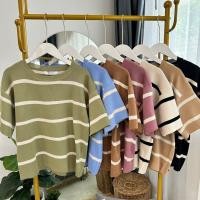 ราคา รหัส K421 เสื้อไหมพรม คอกลม แขนสั้น ลายริ้ว ผ้านิ่มเด้ง ใส่สบาย ยาว 22 นิ้ว ฟรีไซต์ 40 50 นิ้ว (26157183338)