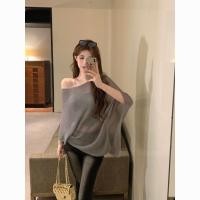 ราคา วินเทจสีเทาบาง ๆ เซ็กซี่เอียงไหล่แขนกุดเสื้อยืดถักเสื้อผ้าผู้หญิงฤดูร้อนหลวมไม่สม่ําเสมอเสื้อคลุมเสื้อ (29956126568)