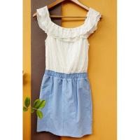 ราคา เดรสเปิดไหล่ คอกว้าง สีขาวฟ้า (23250265867)