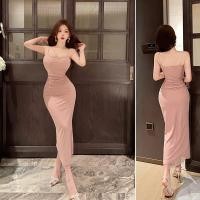 ราคา ชุดเดรสยาวสลิงเซ็กซี่คอกลมชุดเดรสแขนกุดสีชมพูสไตล์ฝรั่งเศส (27007803782)