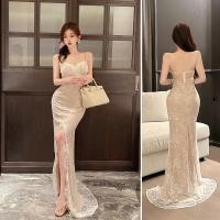 ราคา ลูกไม้ฝรั่งเศสชุดยาวคนดัง paty ชุดขนตาลูกไม้เอวสูง Slit Dress (26457805367)