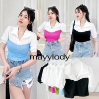 ราคา mayylody เสื้อคอปก แขนพองดีเทลสีทูโทนสุดฮิต สไตล์เกาหลี เสื้อครอป ครอป ครอปท็อป (23282524824)