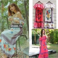ราคา เดรสสไตล์โบฮีเมี่ยน เดรสยาวเกาะแขน ชุดไปทะเล มีสีขาว สีโอรส (18724804306)