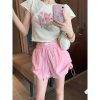 ราคา สีชมพูกีฬากางเกงขาสั้นผู้หญิงฤดูร้อนเอวสูง ผอมลง ดูขนาดเล็กหลวมขากว้างตรง เชือกรูด ผ้าฝ้ายผ้าลินินกางเกงลําลอง (27007025264)