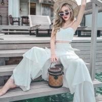 ราคา เสื้อเกาะอกแบบผูกโบว์หลัง กางเกงขาระบายยาว สีพื้น งานแต่งระบายเป็นชั้นๆ (4316137328)