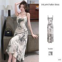 ราคา ชุดเดรสเอี๊ยมเอวสูงอารมณ์สไตล์ฝรั่งเศสชุดเว้าหลังเดรสเดรสยาวปานกลาง LIVE (26800563452)