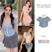 ราคา พร้อมส่ง เสื้อครอปแขนสั้น คอกลม ดีเทลแต่งเย็บ2ชั้น สีพาสเทล SL (28400567187)