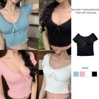 ราคา พร้อมส่ง เสื้อแขนสั้น ครอป พร้อมส่งในไทย มีฟองน้ำในตัว สไตล์เวียดนาม เกาหลี ดีเทลโบว์ตรงกลางอก มีลูกไม้รอบขอบเสื้อ SL (24983257423)