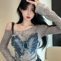 ราคา เสื้อชุดเซ็ทเสื้อยืดแขนยาวผ้าเดนิมลายผีเสื้อโชว์ไหล่สุดฮอตสำหรับผู้หญิงเสื้อเข้ารูปมีเชือกรูดดีไซน์เฉพาะสำหรับฤดูใบไม้ร่วงเดรส (27357236515)