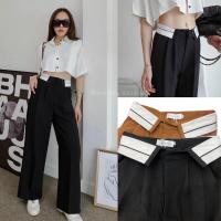 ราคา New drops folded trouser S M L430 ฟรีส่ง ปังไม่ไหว rare item กางเกงเอวสูงขายาวทรงกระบอกใหญ่ ขอบเอวพับแถบผ้าตัดสีขาวดำ (19221915217)