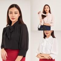 ราคา เสื้อผ้าชีฟองใส่ทำงานคอผูกโบว์แขนสามส่วน (24400389224)