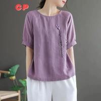 ราคา CP วรรณกรรม Retro ดอกไม้เย็บปักถักร้อยผ้าฝ้ายผ้าลินินรอบคอแขนสั้นเสื้อยืดผู้หญิงฤดูร้อนขนาดใหญ่หลวม All Ma (29256666298)