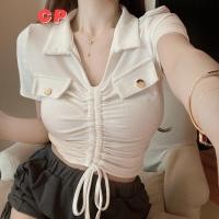 ราคา Cp polo Collar Top ผู้หญิง 2024 ฤดูร้อน Slim fit Slimmer ดูการออกแบบสั้น Niche เสื้อยืดแขนสั้น (28007594735)