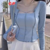 ราคา Cp Design Niche สแควร์คอเสื้อยืดผู้หญิงฤดูใบไม้ผลิฤดูร้อน Pure Desire สไตล์แขนยาวฐานสาวร้อน Top (27007602477)