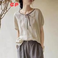 ราคา ฤดูร้อนสไตล์ใหม่ผ้าฝ้ายแท้ผ้าลินินเสื้อยืดแขนสั้นผู้หญิงวรรณกรรมย้อนยุคสไตล์ชาติพันธุ์ Lace Up อายุ Reduction (26458356001)