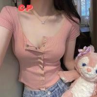 ราคา Cp Pure Desire ปุ่มแขนสั้นขนาดใหญ่ Neckline เสื้อยืดผู้หญิง Slimmer ดูผอมสาวร้อนเซ็กซี่เอวสูงสั้นด้านบน (25885113738)
