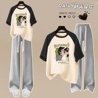 ราคา เสื้อยืดแขนสั้นผ้าฝ้ายแท้ชุดกางเกงขากว้างลำลองเสื้อตัวยาวเข้ารูปสไตล์น่ารักสำหรับผู้หญิงฤดูร้อนแบบใหม่ชุดกีฬาสองชิ้น lapj (28955592445)