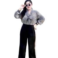ราคา เซ็ตสาวอวบโบว์อลังขายาวพลางหุ่น เสื้อลายชิโนโบว์อลังผ้าไหมอิตาลี กางเกงขาทรงขากระบอกแต่งแถบแอบอ้วนผ้าฮานาโกะD210 (26554526372)