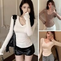ราคา เสื้อเชิ้ตคอวีเรียบง่ายสําหรับผู้หญิงรัดรูปพร้อมเสื้อยืดแขนยาว F1W7 (28308762694)