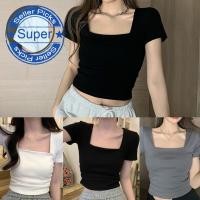 ราคา เสื้อยืดคอเหลี่ยมสั้นฤดูร้อนเสื้อครอปผู้หญิงพื้นฐานท็อปส์ ชม 2ก9 (27508986643)