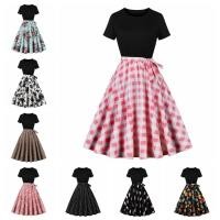 ราคา Retro รอบคอแขนสั ้ นชุดราตรีผู ้ หญิงพิมพ ์ ขนาดใหญ ่ Swing Dress Elegant (29550530864)