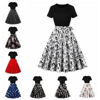 ราคา Retro แขนสั ้ นชุดราตรีผู ้ หญิงเย ็ บพิมพ ์ ชุดรอบคอ (26101932755)