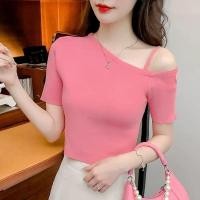 ราคา ผ้าไหมน้ําแข็งแขนสั้นปิดไหล่กระดูกไหปลาร้าเก๋ออกแบบซอกฝรั่งเศสผิดปกติไหล่เฉียงด้านบนเสื้อยืด 7 22 (27508943683)