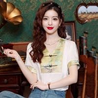 ราคา ใหม่สไตล์จีนสไตล์จีนปักติดกระดุมเสื้อชีฟอง 2024 แฟชั่น V คออายุลด Slimmer ดูเสื้อแขนสั้น 8 30 (27109683116)