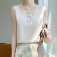 ราคา 2024ผ้าซาตินผ้าไหมฤดูร้อนผู้หญิงรุ่นใหม่คอวีตาข่ายเย็บเสื้อยืดสีพื้นแมทช์ลุคง่ายเสื้อกล้ามแขนกุดสไตล์เกาหลี (28558090616)