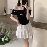 ราคา เสื้อไหมพรมแขนสั้น ปาดไหล่ เอวจั๊ม E329 (28901406581)