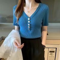 ราคา เสื้อไหมพรมแขนสั้น คอวี ผ้านิ่ม ทรงรัดรูป สไตส์เกาหลี รุ่น 9924 (24809158392)