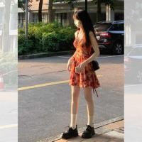 ราคา ชุดเดรสสายเดี่ยวสีแดงลายดอกไม้ฝรั่งเศสกระโปรงสั้นสำหรับวันหยุด ntni (28206539739)