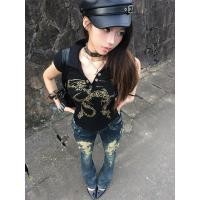 ราคา ดูผอมเพรียวคอตั้งเท่สุดๆ เสื้อแขนสั้นพิมพ์ลายสำหรับผู้หญิงเข้ารูปมีสายรัดสำหรับสาวฮอต INS เสื้อยืดโชว์หลังแบบโชว์หลัง vkna (28960444129)