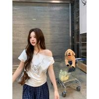 ราคา ขายร้อนผ้าฝ้ายแท้เป็นมิตรกับผิวระบายอากาศปิดไหล่ไหล่เฉียงแขนสั้น (28810446237)