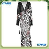 ราคา Ltp ชุดเดรสผ้าชีฟองผู้หญิงฤดูร้อนคอวีแขนยาวเดรสยาวลําลองสลิมกระโปรงซีทรูลายม้าลาย (24284599387)