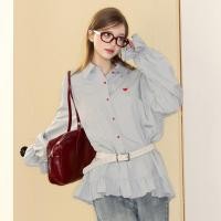 ราคา เทรนด์แฟชั่นฝรั่งเศสสีฟ้ากลางความยาวเสื้อผู้หญิงหลวมหัวใจปักปุ่มสีแดงลูกไม้เย็บปกเข็มขัดแขนยาว (25685026733)