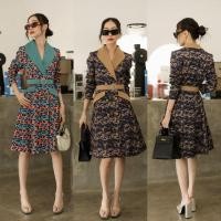 ราคา เดรสทรงสูทลายเสือปกผ้าพื้น เข็มขัดมุก (22967353823)