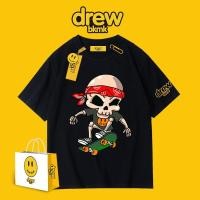 ราคา Drew เสื้อยืดแขนสั้นพิมพ์ลายหน้ายิ้มหน้ายิ้มสไตล์วินเทจทรงหลวม (12955215880)