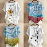 ราคา ดอกไม้ผู้หญิงผ้าฝ้ายและผ้าลินินเสื้อยืดพร้อมปุ่มแขนสั้นเสื้อด้านบน 2024 ใหม่เสื้อยืดเสื้อสวมหัวระบายอากาศ (26408749423)