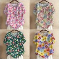 ราคา รูปแบบดอกไม้ที่มีสีสันผู้หญิงเสื้อยืดฤดูร้อนผ้าลินินระบายอากาศปุ่มเสื้อยืดหลวมเสื้อสวมหัวแขนสั้นเสื้อยืด (26608754166)